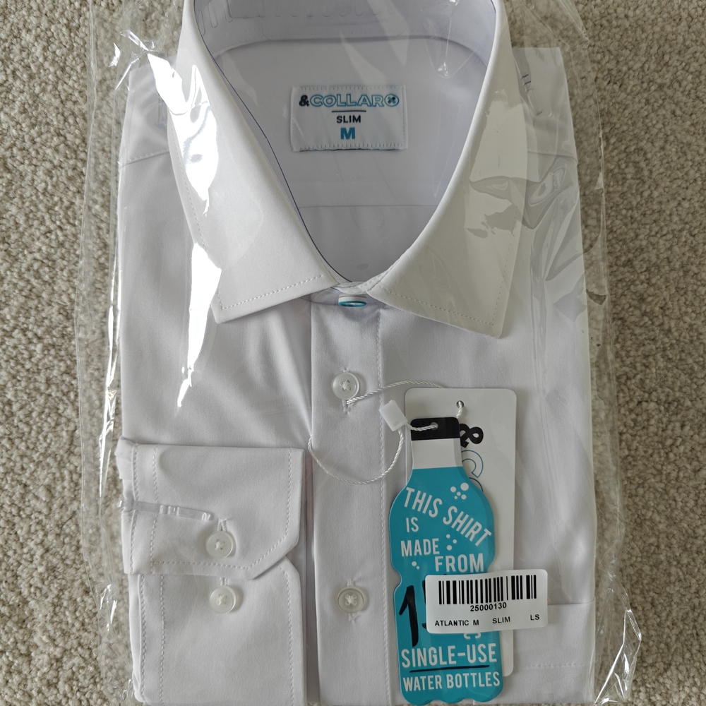 &Collar White Long Sleeve Stretch Dress Shirt Men's Slim Medium